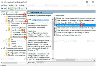 Editor de directivas de grupo local - No mostrar la pantalla de bloqueo