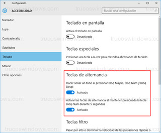 Windows 10 - Teclado > Teclas de alternancia