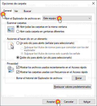 Opciones de carpeta - Abrir el Explorador de archivos en: Este equipo