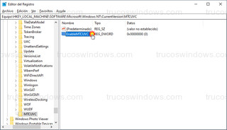 Regedit - Valor de DWORD > EnableMTCUVC