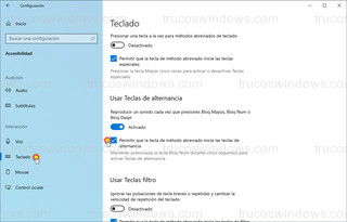 Teclado > Usar Teclas de alternancia - Permitir que la tecla de método abreviado inicie las teclas de alternancia