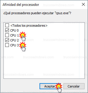 Afinidad del procesador - Núcleos CPU 1 y CPU 3 deshabilitados