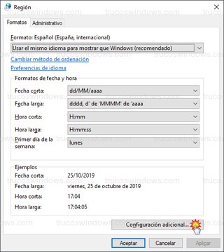 Región - Configuración adicional...
