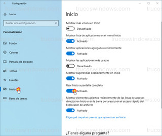 Configuración Inicio - Usar Inicio a pantalla compelta