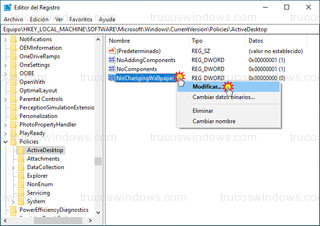 Editor del Registro - Modificar... NoChangingWallpaper