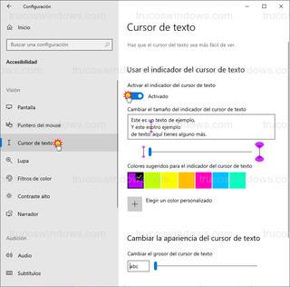 Cursor de texto - Activar el indicador del cursor de texto