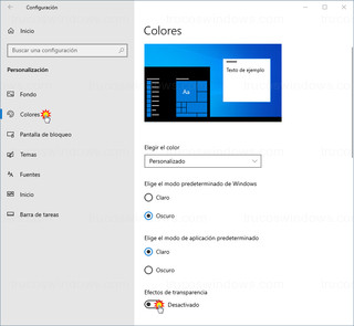 Personalización - Colores - Efectos de transparencia