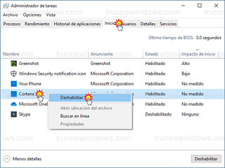 Administrador de tareas - Deshabilitar Cortana