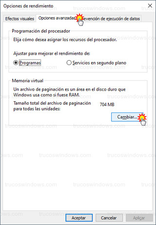 Opciones de rendimiento - Cambiar memoria virtual