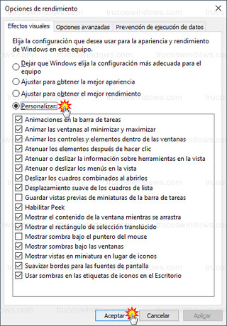 Opciones de rendimiento - Personalizar efectos visuales