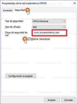 Propiedades de la red inalámbrica - Mostrar contraseña