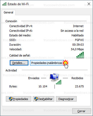 Estado de Wi-Fi - Propiedades inalámbricas