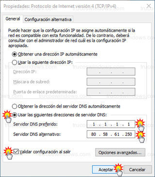 Protocolo de Internet versión 4 (TCP/IPv4) - Usar las siguientes direcciones de servidor DNS