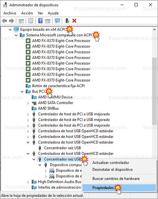 Administrador de dispositivos - Concentrador raíz USB - Propiedades