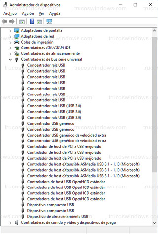 Administrador de dispositivos - Controladoras de bus serie universal