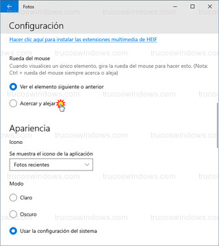 App Fotos de Windows 10 - Rueda del mouse > Acercar y alejar