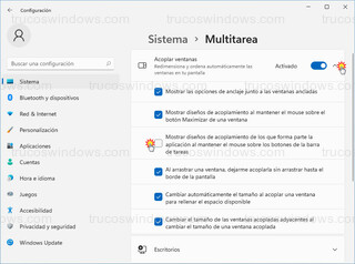 Sistema > Multitarea - Desactivar diseños de acoplamiento