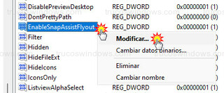 Editor del registro - Modificar... EnableSnapAssistFlyout