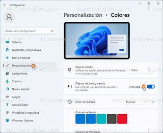 Personalización - Colores > Efectos de transparencia