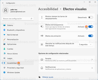 Accesibilidad - Efectos visuales > Efectos de transparencia