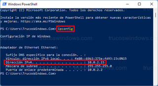 ipconfig - PowerShell > Dirección IPv4