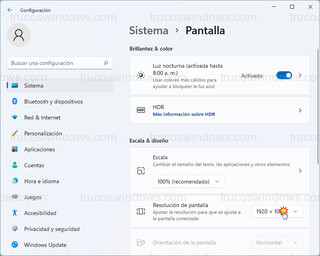 Sistema > Pantalla - Resolución de pantalla