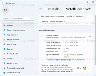 Pantalla avanzada - Elegir una frecuencia de actualización