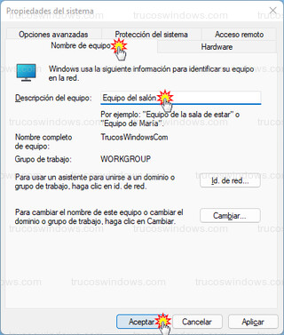 Propiedades del sistema - Descripción del equipo en la red