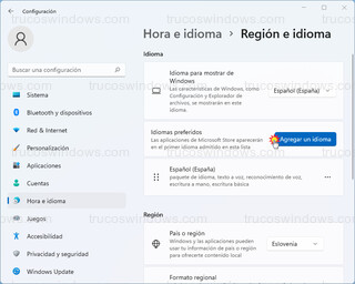 Hora e idioma > Región e idioma - Agregar un idioma