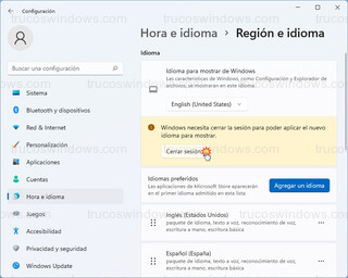 Hora e idioma > Región e idioma - Cerrar sesión