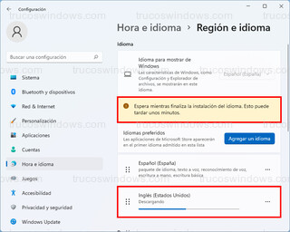 Hora e idioma > Región e idioma - Descargando idioma