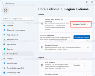 Hora e idioma > Región e idioma - Idioma para mostrar de Windows