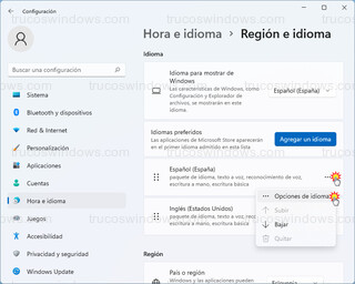 Hora e idioma > Región e idioma - Opciones de idioma