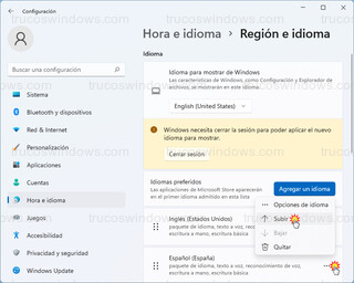 Hora e idioma > Región e idioma - Ordenar idiomas preferidos