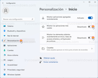 Personalización > Inicio - Desactivar aplicaciones y elementos recientes