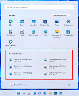Menú de Inicio de Windows 11 - Recomendaciones