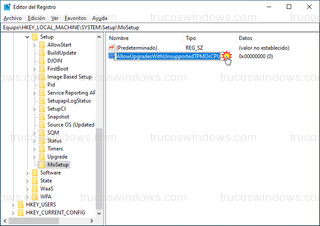 Editor del registro - Valor AllowUpgradesWithUnsupportedTPMOrCPU