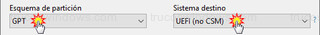 Rufus - Esquema de partición y Sistema destino