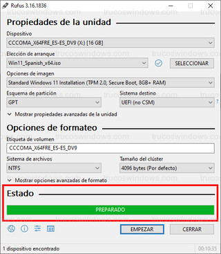 Rufus - Usb booteable de Windows 11 creado