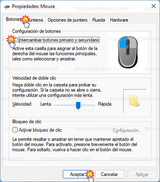 Propiedades: Mouse - Intercambiar botones primario y secundario