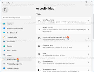 Accesibilidad - Puntero del mouse y entrada táctil