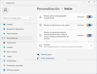 Personalición > Inicio - Ajustar recomendaciones