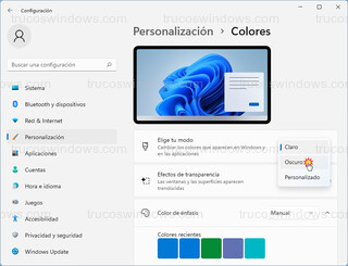 Personalición > Colores - Modo Oscuro