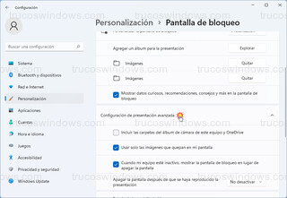 Pantalla de bloqueo - Configuración de presentación avanzada