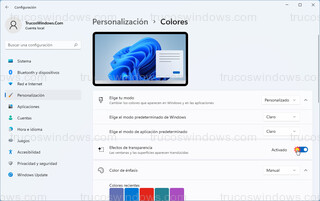 Personalización > Colores - Efectos de transparencia