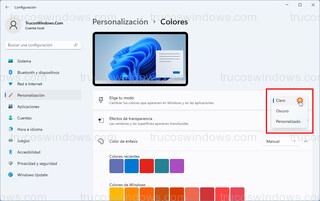 Personalización > Colores - Modo Claro y Oscuro