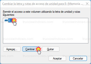 Administración de discos - Cambiar la letra y rutas de acceso de unidad para E: