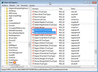 Editor del Registro - Segoe Print (Truetype) y Segoe Print Bold (Truetype)