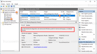 Visor de eventos - Resultado de testear la memoria