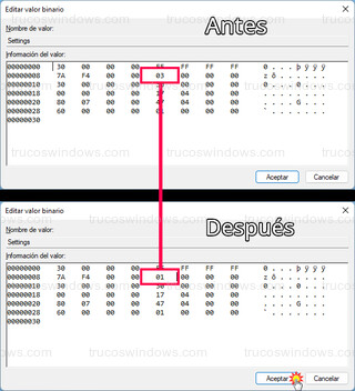 Editor del Registro - Cambiar valor 03 por 01
